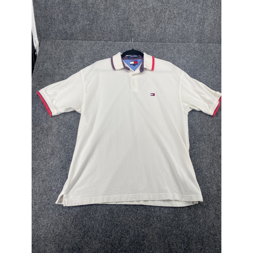 Tommy Hilfiger Polo Shirt Mens Large White Colorblock Collar Vintage Cotton 2406